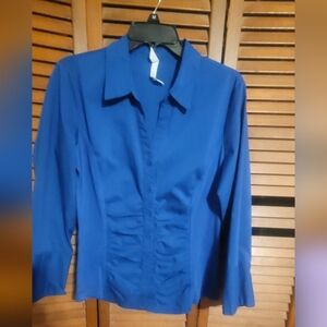 Women's Classic Ruched Front Button Blouse In Royal Blue. By NY Collection. Lg